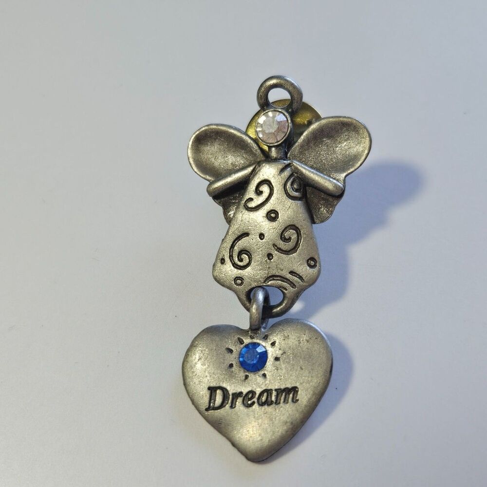 Gloria Duchin Pewter Angel Brooch Vintage Dangling Dream Heart Blue Crystal